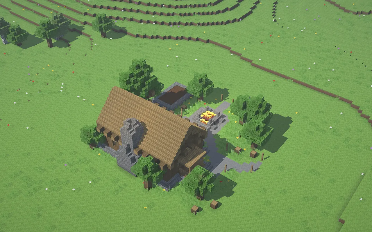 Een kamp met alle upgrades, van boven gezien.
