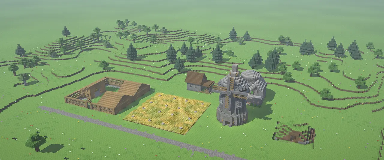 Tile improvements rond een town: Farms, een Windmill, een Pasture, een Mine en een Trade Outpost.