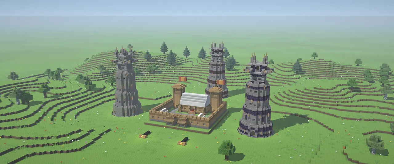 Een Arrow Tower, een Cannon Tower en een Scout Tower rond een War Camp.