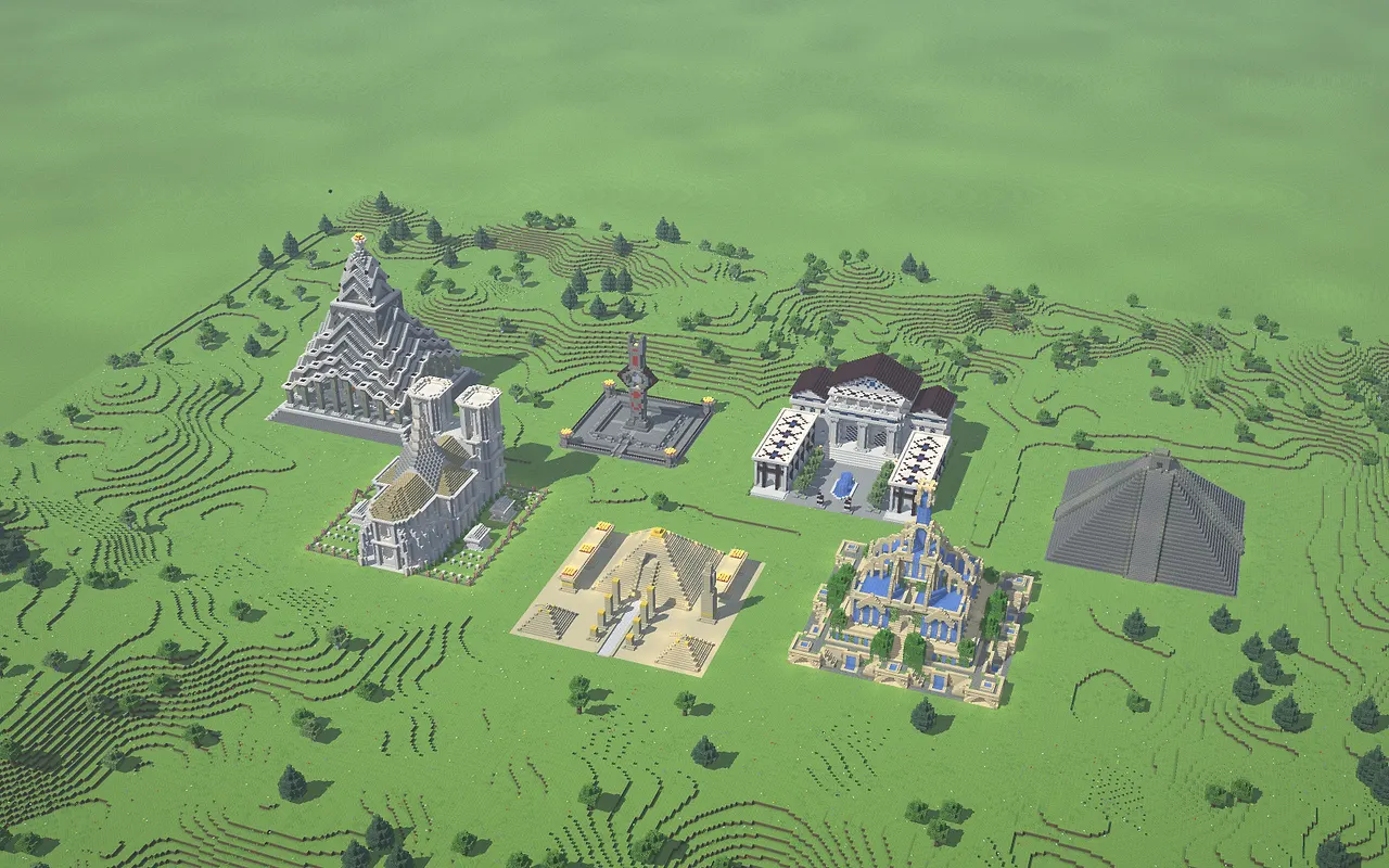 De zeven wonders naast elkaar. In het spel staat elk wonder maar één keer in de hele wereld.